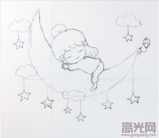 卡通人物简笔画教程,睡在月亮上的小女孩步骤图
