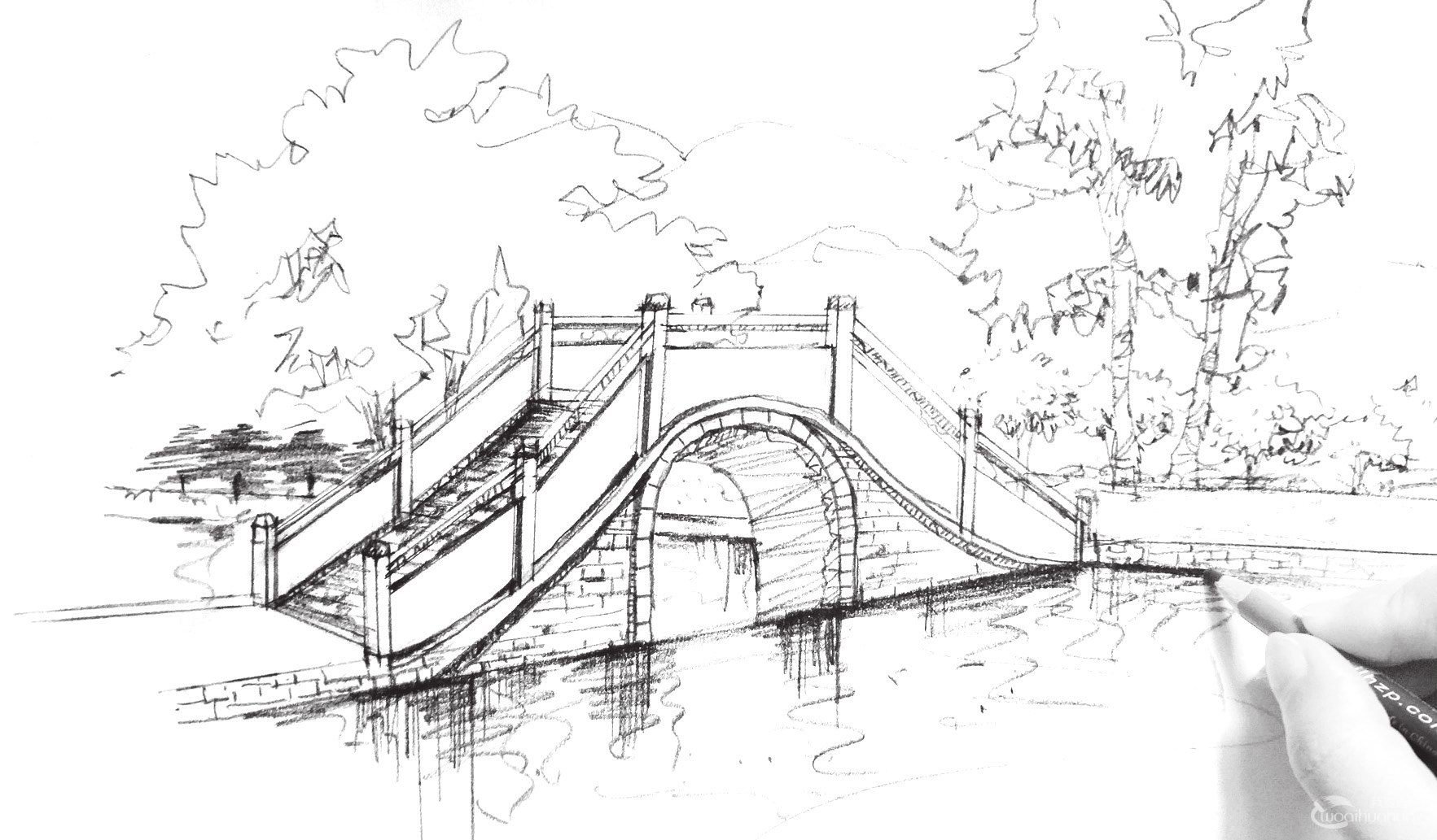石拱桥图片素描画图片